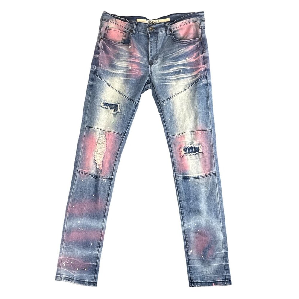 R3bel Skinny Jeans Mens W32 L32 Distressed Paint Splatter Moto Denim Streetwear